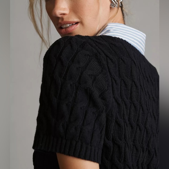 Maeve Anthropology Cable Short Sleeve Twofer Sweater Navy - Picture 5 of 14